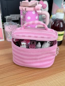 Mirror Pink Striped Makeup Bag Women Fashion Portable Zipper Cosmetic Travel Organizer Girls Cute Sweet Handbag Toiletry Pouch