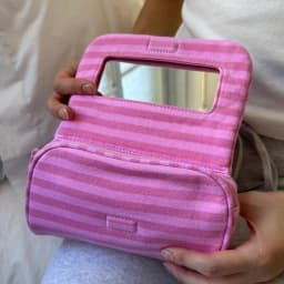 Mirror Pink Striped Makeup Bag Women Fashion Portable Zipper Cosmetic Travel Organizer Girls Cute Sweet Handbag Toiletry Pouch