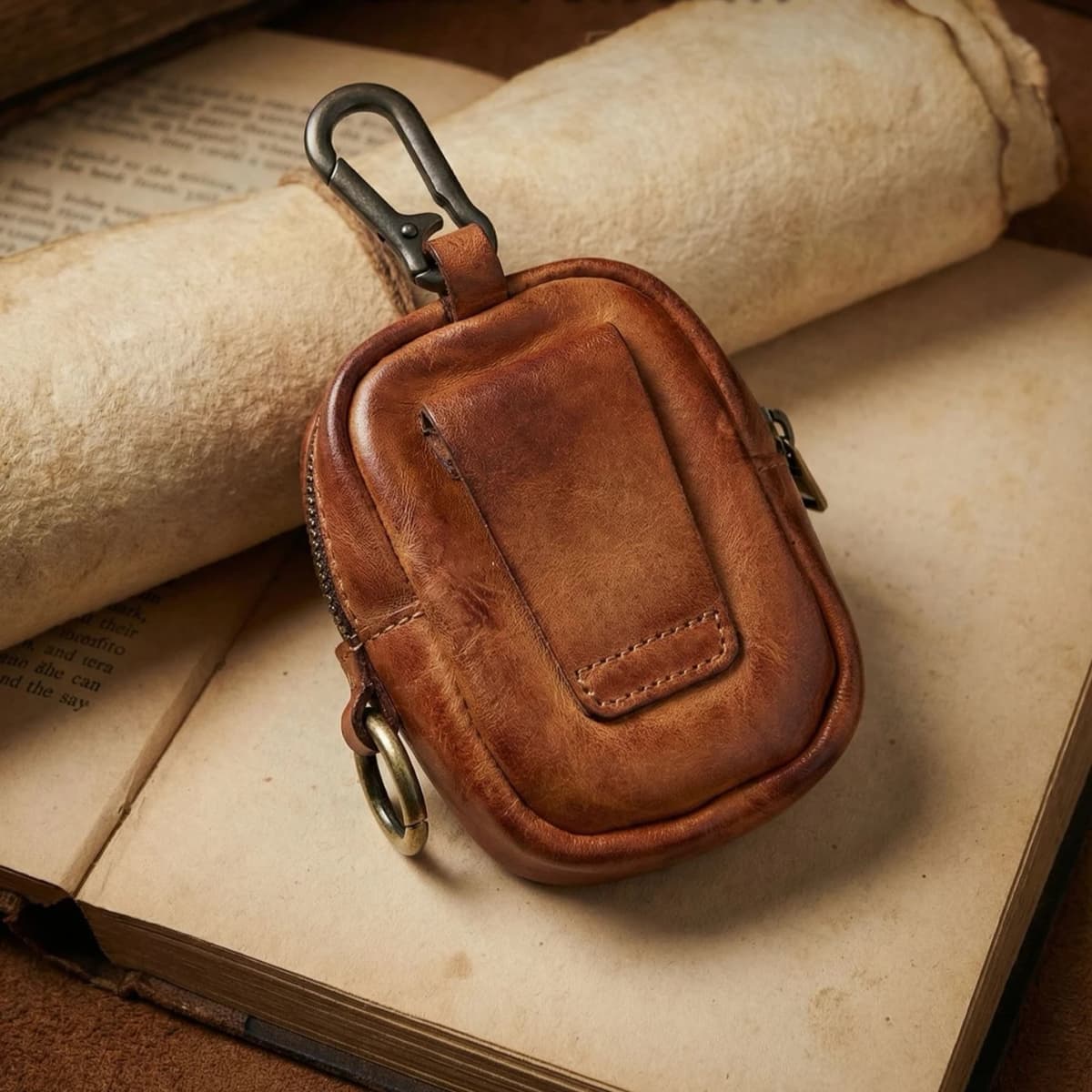 Men's Coin Purse, Genuine Leather Mini Coin Wallet Zipper Pocket with Back Belt Loop, Lightweight Keychain Pouch for Men