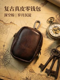 Men's Coin Purse, Genuine Leather Mini Coin Wallet Zipper Pocket with Back Belt Loop, Lightweight Keychain Pouch for Men