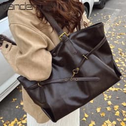 Vintage Oil-Waxed Pu Leather Tote Shoulder Bag Large Capacity with Decorative Belt for Work Travel 16-inch Laptop A4 Documents