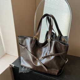 Vintage Oil-Waxed Pu Leather Tote Shoulder Bag Large Capacity with Decorative Belt for Work Travel 16-inch Laptop A4 Documents