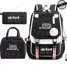 Teenager School Backpack for Students Daily Bagpack Backpacks for Girl Black Cat Cartoon School Bag with Pen Lunch Bags 3pcs/set