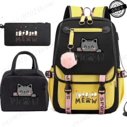 Teenager School Backpack for Students Daily Bagpack Backpacks for Girl Black Cat Cartoon School Bag with Pen Lunch Bags 3pcs/set