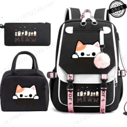 Teenager School Backpack for Students Daily Bagpack Backpacks for Girl Black Cat Cartoon School Bag with Pen Lunch Bags 3pcs/set