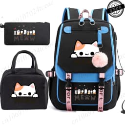 Teenager School Backpack for Students Daily Bagpack Backpacks for Girl Black Cat Cartoon School Bag with Pen Lunch Bags 3pcs/set