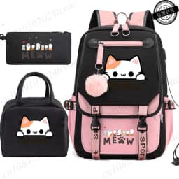 Teenager School Backpack for Students Daily Bagpack Backpacks for Girl Black Cat Cartoon School Bag with Pen Lunch Bags 3pcs/set