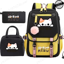 Teenager School Backpack for Students Daily Bagpack Backpacks for Girl Black Cat Cartoon School Bag with Pen Lunch Bags 3pcs/set