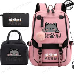 Teenager School Backpack for Students Daily Bagpack Backpacks for Girl Black Cat Cartoon School Bag with Pen Lunch Bags 3pcs/set