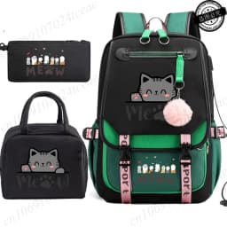 Teenager School Backpack for Students Daily Bagpack Backpacks for Girl Black Cat Cartoon School Bag with Pen Lunch Bags 3pcs/set