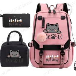 Teenager School Backpack for Students Daily Bagpack Backpacks for Girl Black Cat Cartoon School Bag with Pen Lunch Bags 3pcs/set