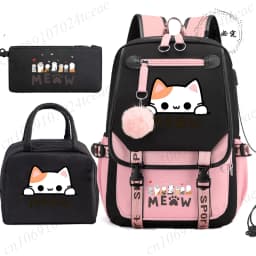 Teenager School Backpack for Students Daily Bagpack Backpacks for Girl Black Cat Cartoon School Bag with Pen Lunch Bags 3pcs/set