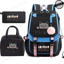 Teenager School Backpack for Students Daily Bagpack Backpacks for Girl Black Cat Cartoon School Bag with Pen Lunch Bags 3pcs/set