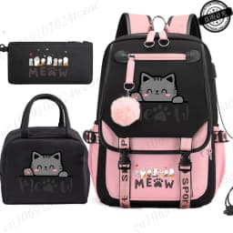 Teenager School Backpack for Students Daily Bagpack Backpacks for Girl Black Cat Cartoon School Bag with Pen Lunch Bags 3pcs/set
