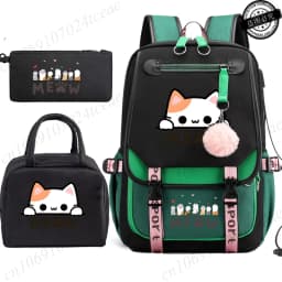 Teenager School Backpack for Students Daily Bagpack Backpacks for Girl Black Cat Cartoon School Bag with Pen Lunch Bags 3pcs/set