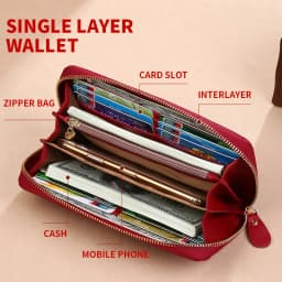GERUOLA Anti-Theft RFID Blocking Long Sleeve Wallet with Zipper Closure, Red Genuine Leather Money Clip with Zipper Pocket, Dura