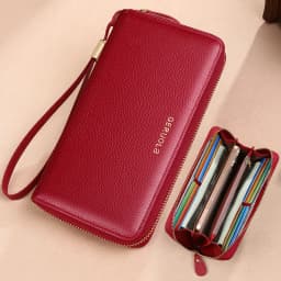 GERUOLA Anti-Theft RFID Blocking Long Sleeve Wallet with Zipper Closure, Red Genuine Leather Money Clip with Zipper Pocket, Dura