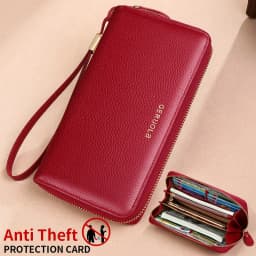 GERUOLA Anti-Theft RFID Blocking Long Sleeve Wallet with Zipper Closure, Red Genuine Leather Money Clip with Zipper Pocket, Dura