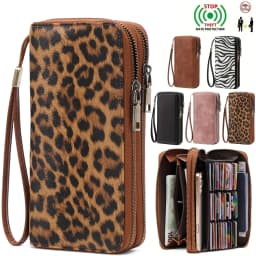 MIYIN Retro RFID Anti-theft Tri-fold Wallet Leopard Print Large Capacity Double Zipper Handbag Women's Clutch with Wrist Strap