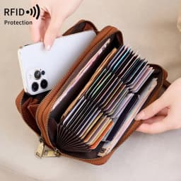 MIYIN Retro RFID Anti-theft Tri-fold Wallet Leopard Print Large Capacity Double Zipper Handbag Women's Clutch with Wrist Strap