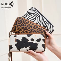 MIYIN Retro RFID Anti-theft Tri-fold Wallet Leopard Print Large Capacity Double Zipper Handbag Women's Clutch with Wrist Strap