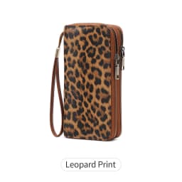 MIYIN Retro RFID Anti-theft Tri-fold Wallet Leopard Print Large Capacity Double Zipper Handbag Women's Clutch with Wrist Strap