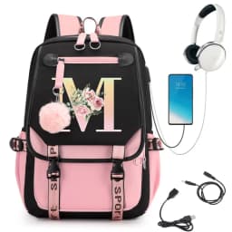 Pink Backpack Graphic Gold Printed Letter Flower A-Z Alphabet Shoulders Bag Teenage Fashion Girl Backpack High School Backpacks