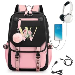 Pink Backpack Graphic Gold Printed Letter Flower A-Z Alphabet Shoulders Bag Teenage Fashion Girl Backpack High School Backpacks
