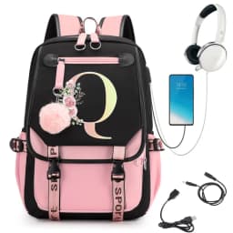 Pink Backpack Graphic Gold Printed Letter Flower A-Z Alphabet Shoulders Bag Teenage Fashion Girl Backpack High School Backpacks