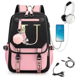 Pink Backpack Graphic Gold Printed Letter Flower A-Z Alphabet Shoulders Bag Teenage Fashion Girl Backpack High School Backpacks