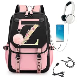 Pink Backpack Graphic Gold Printed Letter Flower A-Z Alphabet Shoulders Bag Teenage Fashion Girl Backpack High School Backpacks