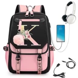 Pink Backpack Graphic Gold Printed Letter Flower A-Z Alphabet Shoulders Bag Teenage Fashion Girl Backpack High School Backpacks