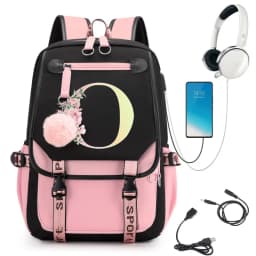 Pink Backpack Graphic Gold Printed Letter Flower A-Z Alphabet Shoulders Bag Teenage Fashion Girl Backpack High School Backpacks