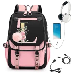Pink Backpack Graphic Gold Printed Letter Flower A-Z Alphabet Shoulders Bag Teenage Fashion Girl Backpack High School Backpacks