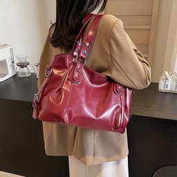 Classic Retro Casual Solid-Color Tote Bag Large-Capacity PU Shoulder Bag Soft Leather Fashionable Versatile Commuter Handbag