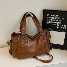 Classic Retro Casual Solid-Color Tote Bag Large-Capacity PU Shoulder Bag Soft Leather Fashionable Versatile Commuter Handbag
