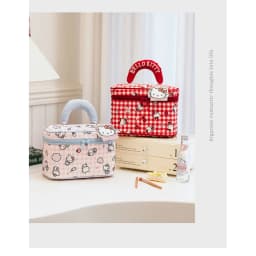 Large-capacity portable storage bag, cute plaid Sanrio Kitty makeup bag, durable canvas makeup storage bag