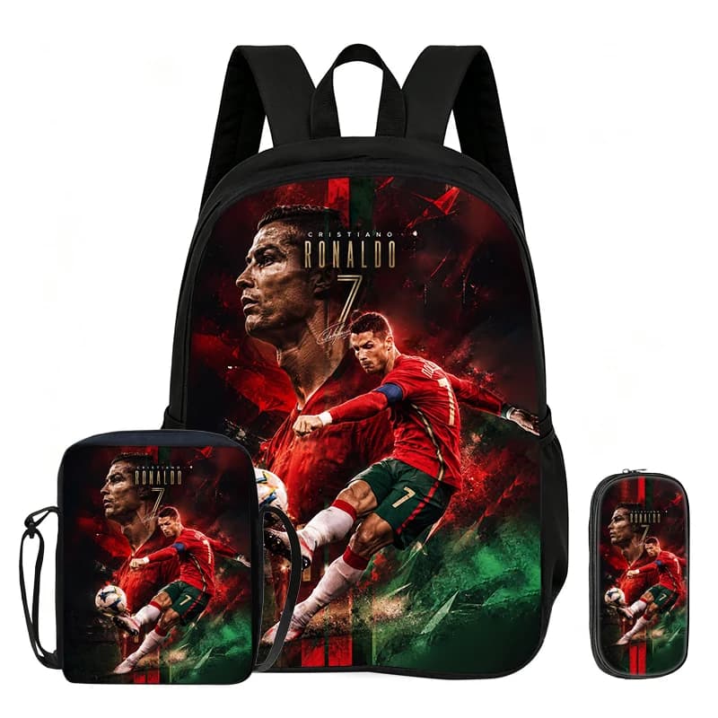 Learn, Travel School Shoulder Bag, Pencil Bags, Sport Bookbag Ronaldo Kids 3Pcs Set Backpack Football Star Rucksack Gift