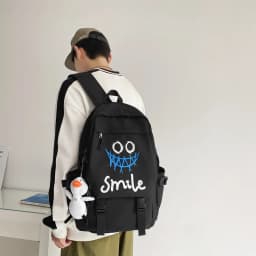 Pocket Front Backpack, Preppy Style Solid Color Nylon Bookbag, Kawaii Large Capacity Double Handle School Bag