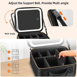 Travel Makeup Bag with Mirror of LED Lighted Portable Train Case with Adjustable Dividers and Detachable 10x Magnifying Mirror
