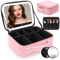 Travel Makeup Bag with Mirror of LED Lighted Portable Train Case with Adjustable Dividers and Detachable 10x Magnifying Mirror