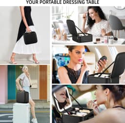 Travel Makeup Bag with Mirror of LED Lighted Portable Train Case with Adjustable Dividers and Detachable 10x Magnifying Mirror
