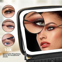 Travel Makeup Bag with Mirror of LED Lighted Portable Train Case with Adjustable Dividers and Detachable 10x Magnifying Mirror