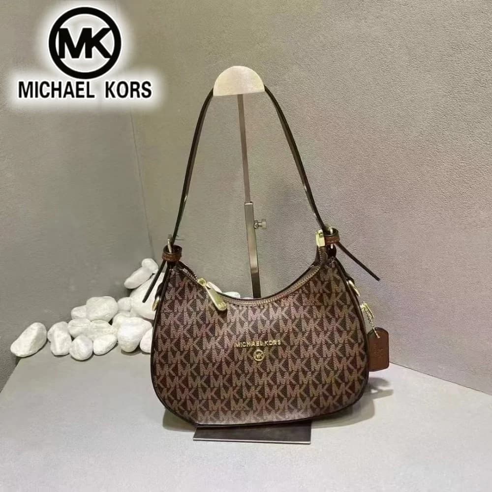 2026 Michael Kors Women's Single Shoulder Crossbody Bag Classic Letter Printed Crescent Bag MK Fashion Commuter Bag