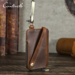 CONTACT'S Genuine Leather Key Wallets for Men Large Metal Hook Luxury Car Key Pouch Zipper Key Case Leather Key Organizer Male