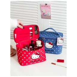 Cute Hello Kitty Portable Travel Storage Bag, Cat Polka Dot Makeup Bag, Large-Capacity Partitioned Cosmetic Storage Box