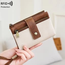 Vintage RFID Blocking Wallet for Women with Double Zipper Multiple Card Slots Coin Pocket Portable Three-Fold Short Wallet