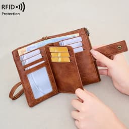 Vintage RFID Blocking Wallet for Women with Double Zipper Multiple Card Slots Coin Pocket Portable Three-Fold Short Wallet