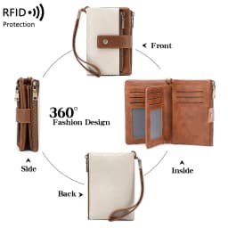 Vintage RFID Blocking Wallet for Women with Double Zipper Multiple Card Slots Coin Pocket Portable Three-Fold Short Wallet
