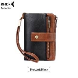 Vintage RFID Blocking Wallet for Women with Double Zipper Multiple Card Slots Coin Pocket Portable Three-Fold Short Wallet